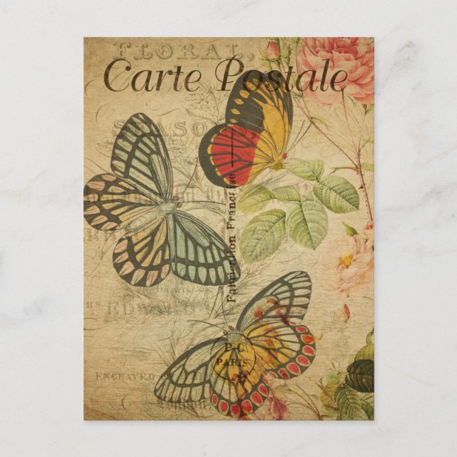 Vintage Schmetterlinge Rosen Französisch Postkarte (Vorderseite)