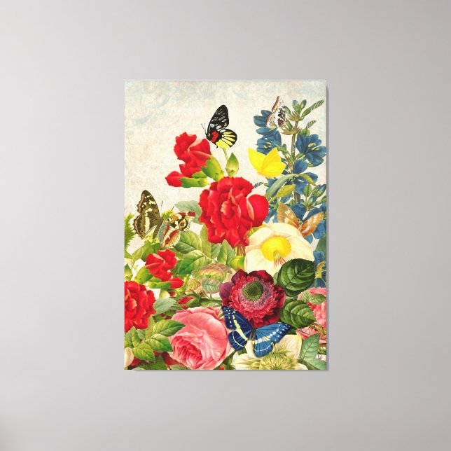 Vintage Schmetterlinge und Blume Leinwanddruck (Vorderseite)