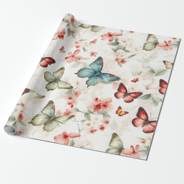 Vintage Schmetterlinge und Blüten Geschenkpapier (Ungerollt)