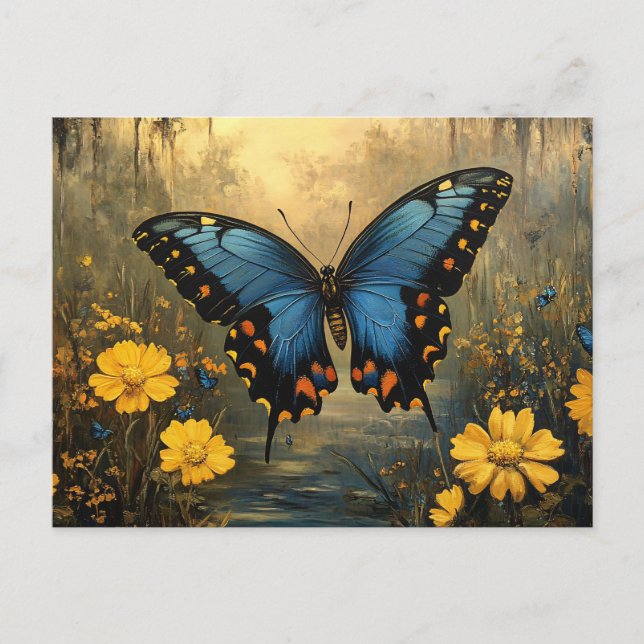 Vintage Schmetterlingsbilder und gelbe Blumen Postkarte (Vorderseite)