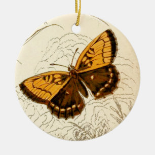 Vintage Schmetterlingsdarstellung, Gold und Braun Keramikornament
