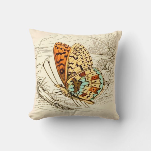 Vintage Schmetterlingsdarstellung, Orange und Beig Kissen (Vorderseite)