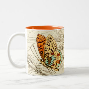 Vintage Schmetterlingsdarstellung, Orange und Beig Zweifarbige Tasse
