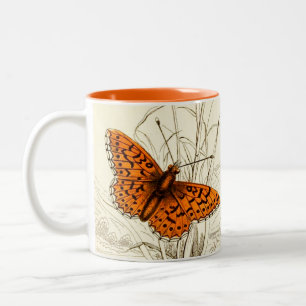 Vintage Schmetterlingsdarstellung, orange und brau Zweifarbige Tasse