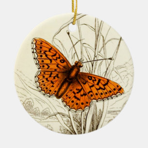 Vintage Schmetterlingsdarstellung, orange und schw Keramik Ornament