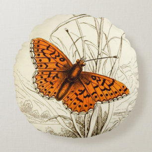 Vintage Schmetterlingsdarstellung, orange und schw Rundes Kissen