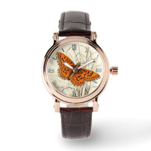 Vintage Schmetterlingsdarstellung, tiefer Orange Armbanduhr