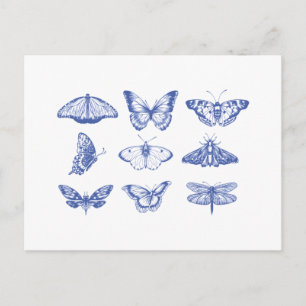 Vintage Schmetterlingsillustrationen in Blau Postkarte
