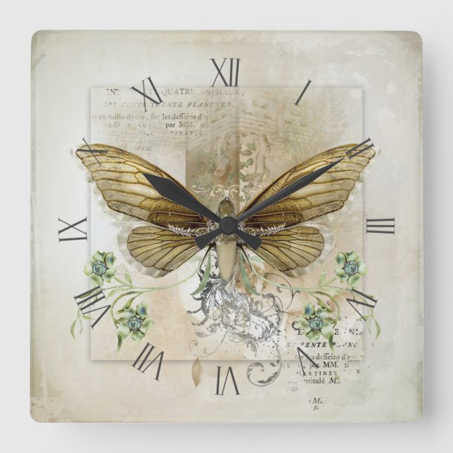 Vintage Schmetterlingssammlung Quadratische Wanduhr (Vorderseite)