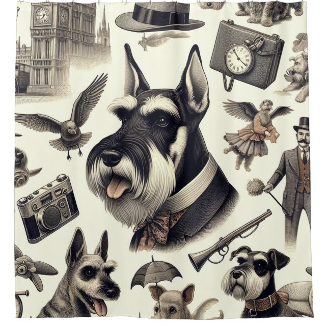 Vintage Schnauzer-Illustration Duschvorhang (Vorderseite)
