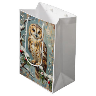 Vintage Schnee-Eule mit Weihnachtskieferngirlande- Mittlere Geschenktüte