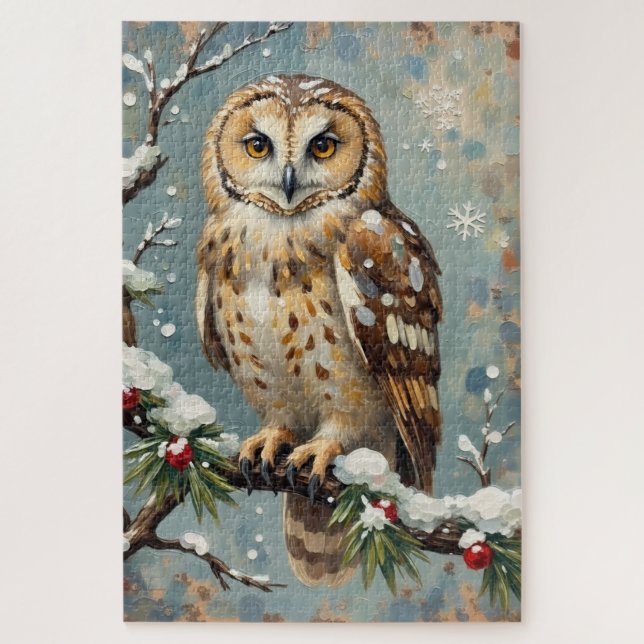 Vintage Schneeeule mit Weihnachtskieferngirlande-K (Vertikal)