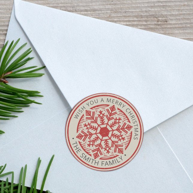 Vintage Schneeflocke Frohe Weihnachten Personalisi Runder Aufkleber (Vintage Snowflake Merry Christmas Personalized Classic Round Sticker)