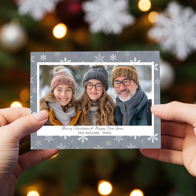 Vintage Schneeflocken Foto Ferienkarte Feiertagskarte (Vintage Grey Snowflakes photo Flat Holiday Card)
