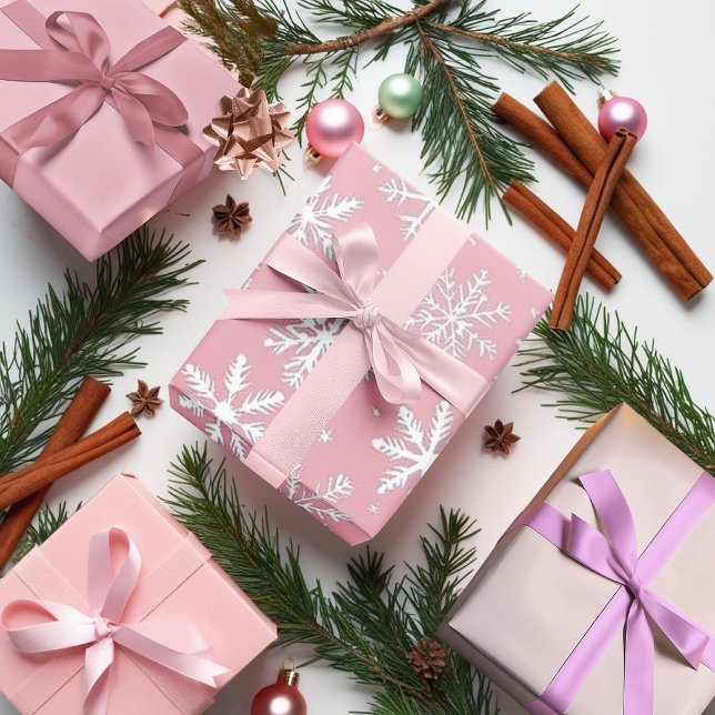 Vintage Schneeflocken Geschenkpapier Set (Vintage Pink and White Snowflakes pattern Wrapping Paper Sheets)