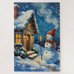 Vintage Schneemann am Kerzenlicht erleuchteten Wei