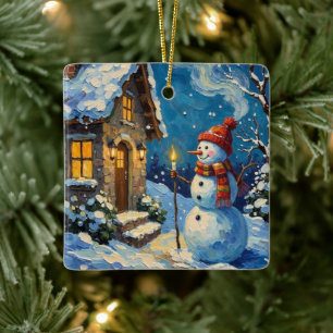 Vintage Schneemann am Kerzenlicht erleuchteten Wei Keramikornament