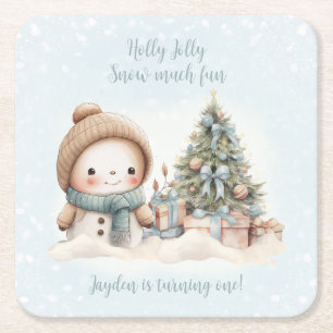 Vintage Schneemann Blau Name Weihnachten 1. Geburt Rechteckiger Pappuntersetzer