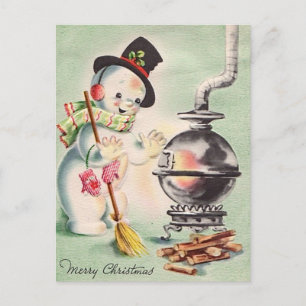 Vintage-Schneemann neben dem Holzofen Postkarte