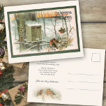 Vintage Schneerobben mit Weihnachtsgrüße Postkarte<br><div class="desc">Hübsche Robinen versammeln sich bei Sonnenuntergang in rustikalen,  Vintag schneebedeckten Wäldern auf einem alten Birkenzaun mit einem Holzgebirgshaus auf einem nahegelegenen Baum. Enthält Weihnachts-Grüße-Text im alten Schriftart. Zurück bietet ergänzende robingrafische und bearbeitbare Textfelder mit anpassbarer Hintergrundfarbe.</div>