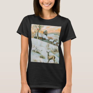 Vintage-Schneewinterlandschaft mit Hirschen T-Shirt