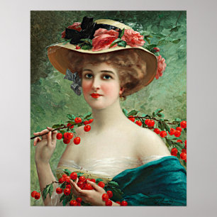 Vintage schöne Dame, Flower Hat & Cherries Poster