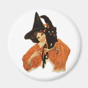 Vintage schöne Hexe mit schwarzer Katze auf der Sc Magnet