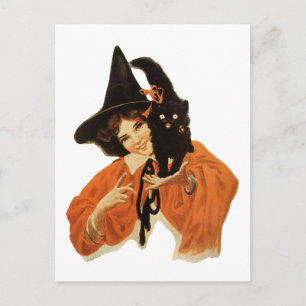Vintage schöne Hexe mit schwarzer Katze auf der Sc Postkarte