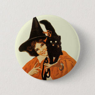 Vintage schöne Hexe mit süßer schwarzer Katze Button