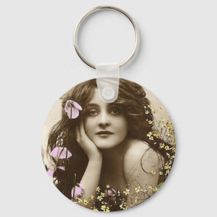 Vintage Schönheit mit Blumen Schlüsselanhänger