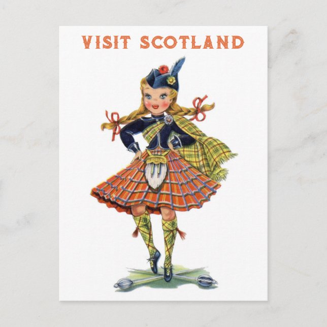 Vintage schottische Frau Kilt Travel Postkarte (Vorderseite)