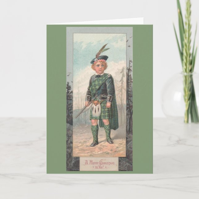 Vintage schottische Jungen-Weihnachtsgruß-Karte Feiertagskarte (Vorderseite)