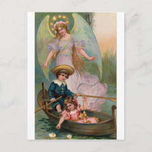 Vintage Schutzengel Kinder und Boot Postkarte
