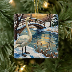 Vintage-Schwan von Snowy Bridge Weihnachtsbild Keramikornament