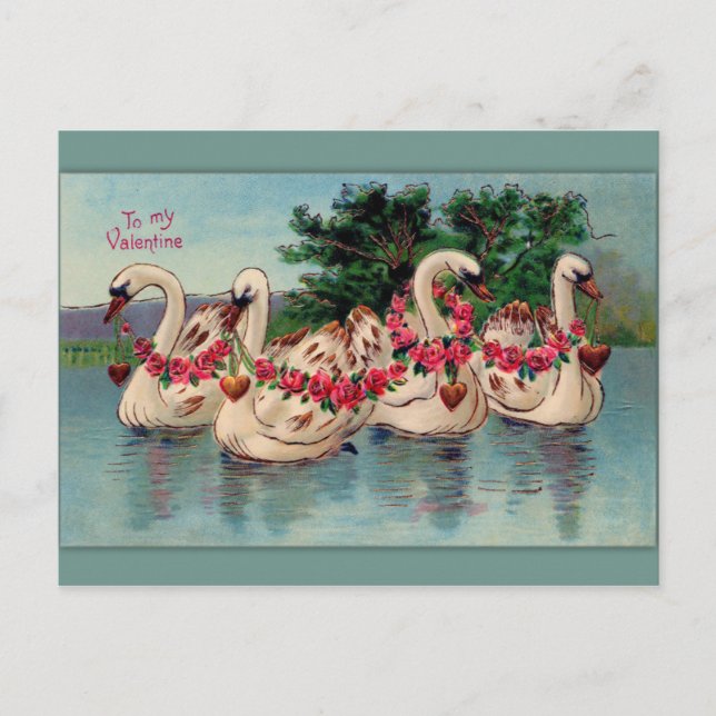 Vintage Schwäne und Rose Valentine Postkarte (Vorderseite)