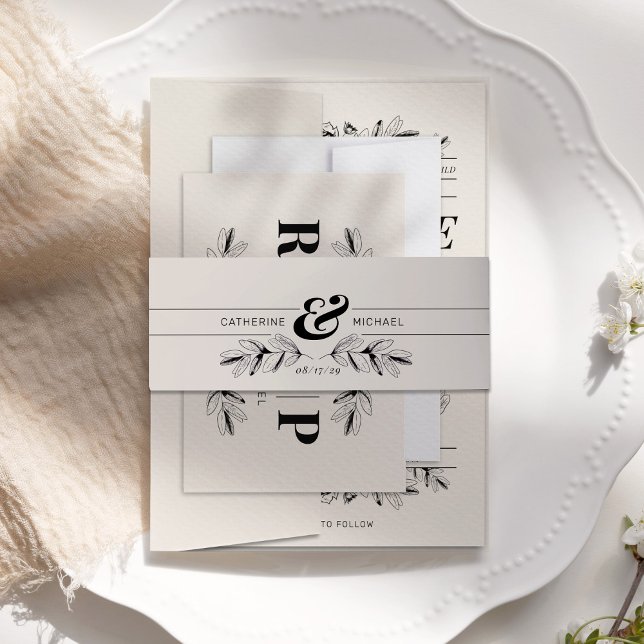 Vintage Schwarz & Creme Botanische Hochzeit Einladungsbanderole (Vintage elegant black & cream botanical floral ampersand monogram wedding invitation belly band)