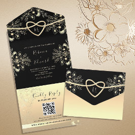 Vintage Schwarz-Gold-Hochzeit All In One Einladung