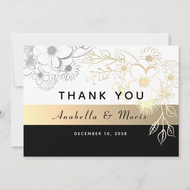 Vintage Schwarz-Gold-Hochzeit Dankeskarte (Vorderseite)
