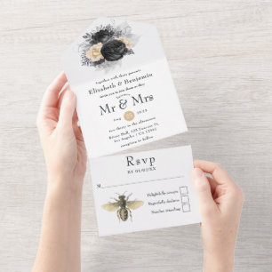 Vintage Schwarz, Gold und Silber Florale Bienen Ho All In One Einladung