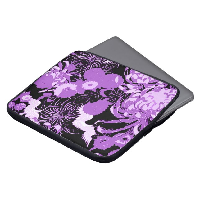Vintage Schwarz-Lila-Blumen und Vögel Laptopschutzhülle (Vorne Oben)