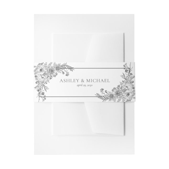 Vintage Schwarz-Weiß-Blumen-Linie Hochzeit Einladungsbanderole (Vorderseite Beispiel)
