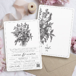 Vintage Schwarz-Weiß-Botanische Blumenhochzeit Einladung