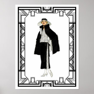 Vintage Schwarz-Weiß-Flapper-Modekunst Poster