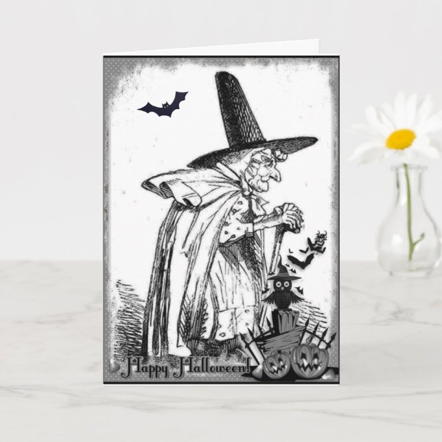 Vintage Schwarz-Weiß-Halloween-Hexenkarte Karte (Kleine Pflanze)