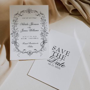 Vintage Schwarz-Weiß Hochzeit im Stil des alten Ge Save The Date