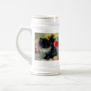 Vintage Schwarz-Weiß-Kittenmalerei Bierglas