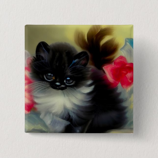 Vintage Schwarz-Weiß-Kittenmalerei Button (Vorderseite)