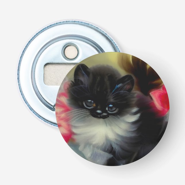 Vintage Schwarz-Weiß-Kittenmalerei Flaschenöffner (Vorderseite)