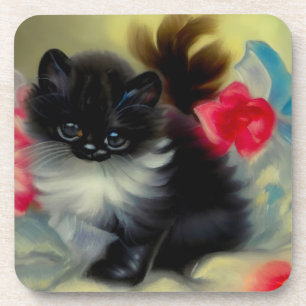 Vintage Schwarz-Weiß-Kittenmalerei Getränkeuntersetzer