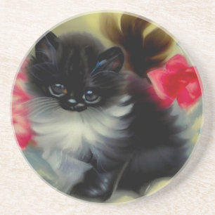 Vintage Schwarz-Weiß-Kittenmalerei Getränkeuntersetzer